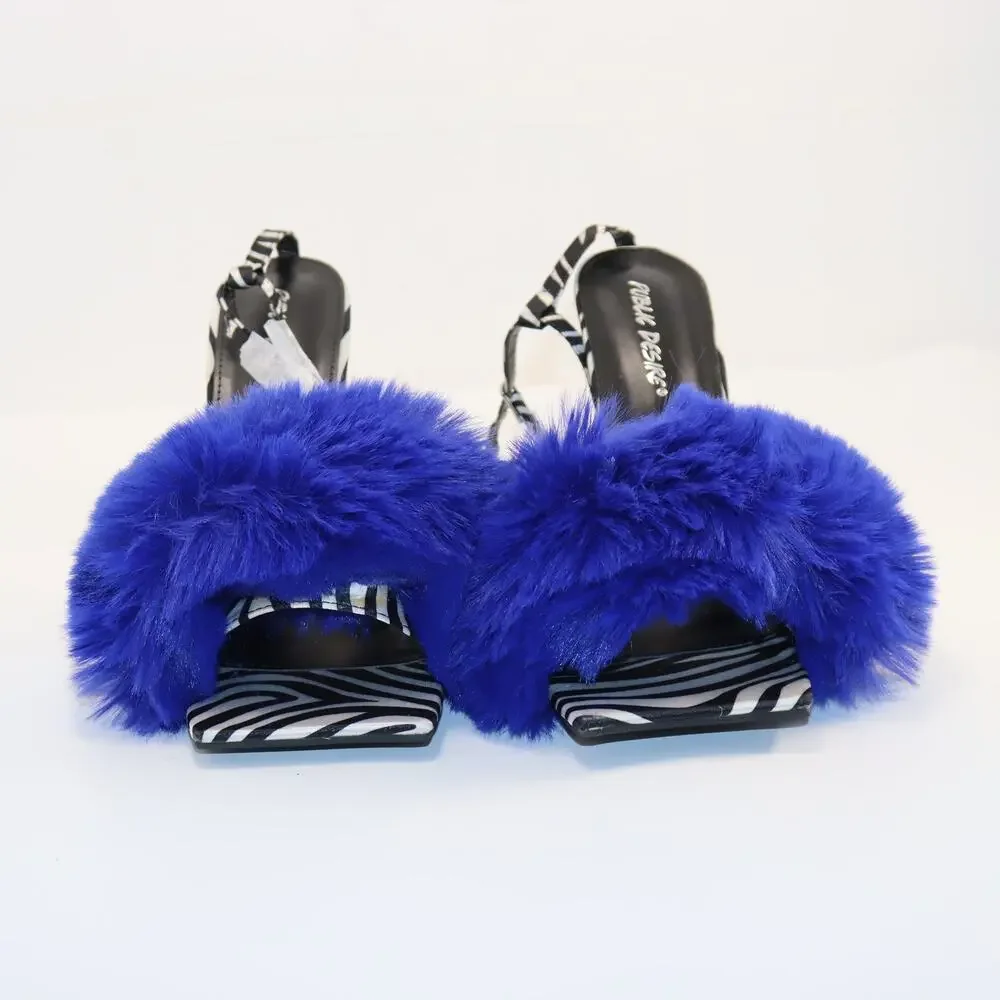 Public Desire Blue Faux Fur Zebra Print Heels Size‎ 8 NIB